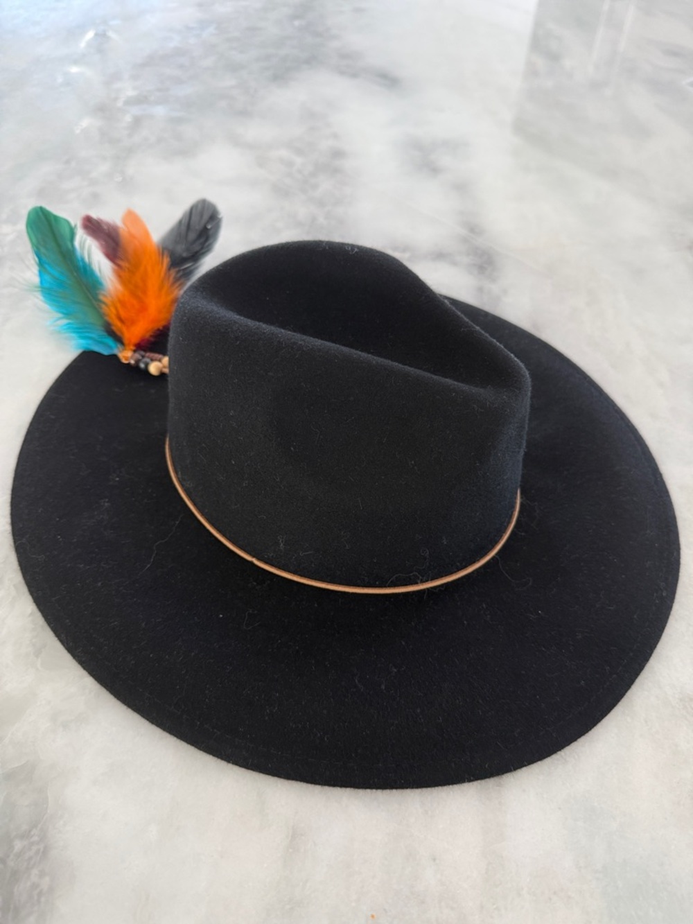 Free People Boho Black Felt Wide Brim Fedora Hat with Feather Trim